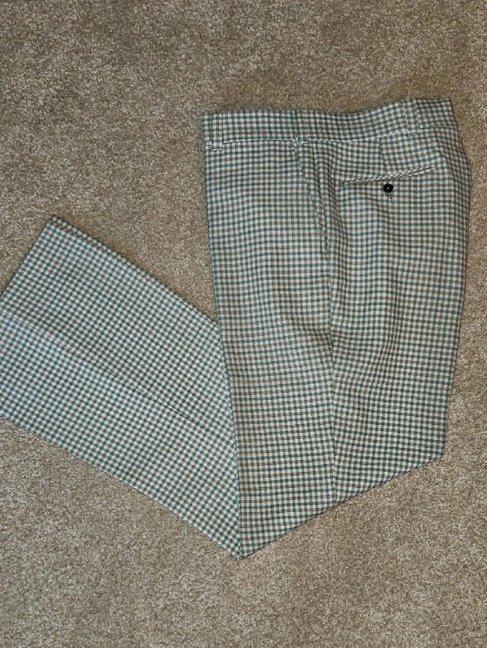 Custom Made Size W34xL33 Mens Green and Tan Vintage Plaid Flare Bottom Pants